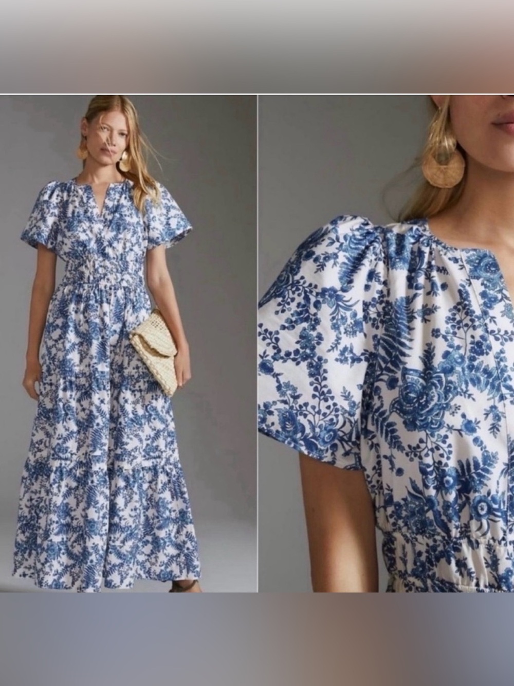 Anthropologie Maeve Somerset Maxi Dress, blue and white toile - Picture 1 of 4